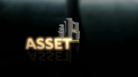 Glowing Asset text with background house made up of coin made up of gold and Stock Illustration