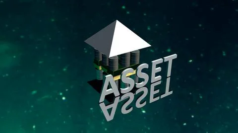 Glowing Asset text with background house made up of coin made up of gold and Stock Illustration