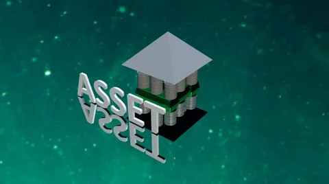 Glowing Asset text with background house made up of coin made up of gold and Stock Illustration