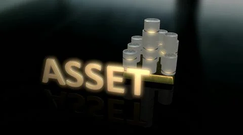 Glowing Asset text with background house made up of coin made up of gold and Stock Illustration