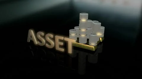 Glowing Asset text with background house made up of coin made up of gold and Stock Illustration