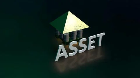 Glowing Asset text with background house made up of coin made up of gold and Stock Illustration