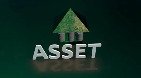 Glowing Asset text with background house made up of coin made up of gold and Stock Illustration