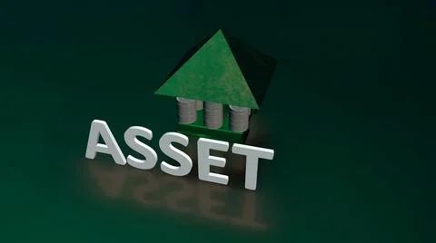 Glowing Asset text with background house made up of coin made up of gold and Stock Illustration