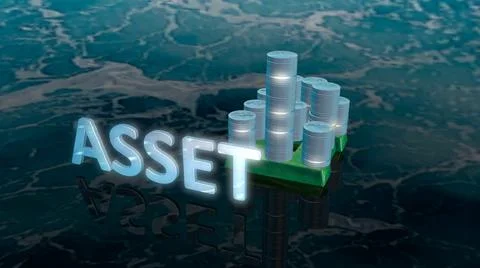 Glowing Asset text with background house made up of coin made up of gold and Stock Illustration
