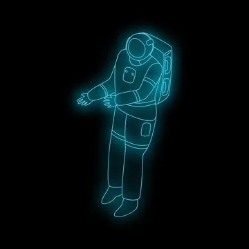 Glowing astronaut floating in space with open arms, neon blue outline Stock Illustration