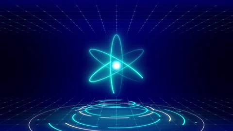 Glowing Atom Model with Orbiting Electrons and Data Rings. Video stock 318942923