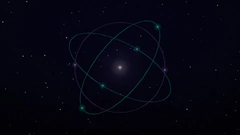 Glowing Atom Model Rotating in Deep Space with Stars Motion Background Stock-Footage 347811055