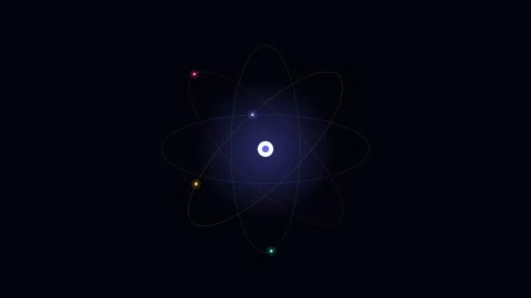 A glowing atomic structure model with orbiting particles on black background Video stock 338311356