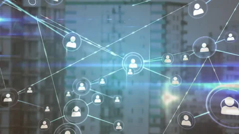Glowing avatar appearing, sending lines connecting user icons, forming digital Stock Footage 311217138