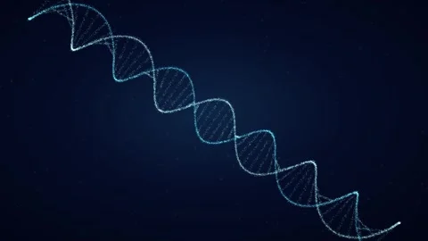 Glowing azure DNA double helix rotates diagonally across a dark blue particle Stock Footage 345183450