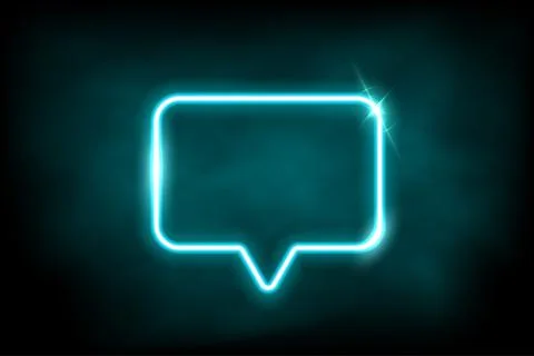 Glowing azure neon speech bubble sign. Electric light rectangle frame isolated Illustrazione stock