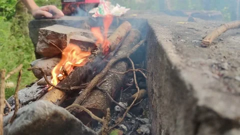 Glowing Background of Hot Coal. Glowing Hot Charcoal and Tree Branches. Stock Footage 203896058