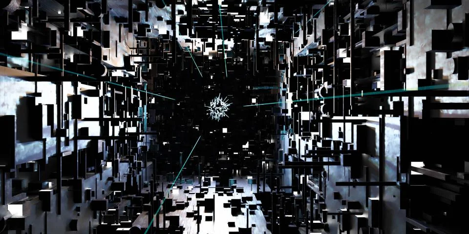 Glowing ball with abstract technology computer hardware surce 3d render Illustrazione stock