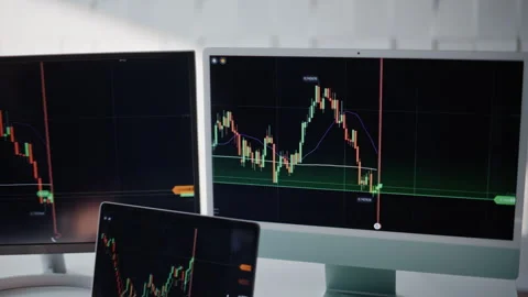 Glowing bar graph rising on electronic display detail view. Trading platform Stock Footage 332418432