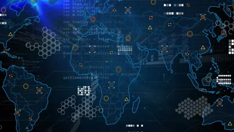 Glowing beam initiating map outlines loading continents, fading code and Stock Footage 312082044