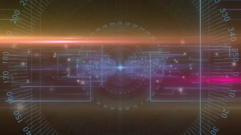 Glowing beam sweeping triggers display forming circuitry and rotating scale Stock Footage 313493217