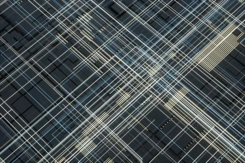 Glowing big data lines and technological background, 3d rendering. Illustrazione stock