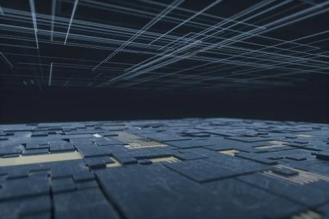 Glowing big data lines and technological background, 3d rendering. Illustrazione stock