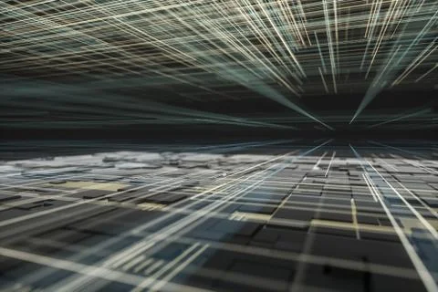 Glowing big data lines and technological background, 3d rendering. Illustrazione stock