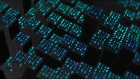 Glowing binary blocks technology cyan code tiles, raised black cubes, and digita Stock Footage 340565267