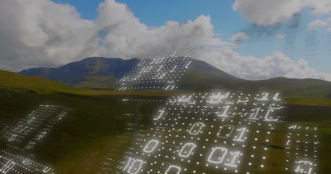 Glowing binary clusters materializing over valley, forming holographic data Stock Footage 312758211