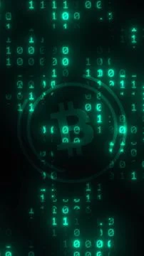 Glowing binary code and cryptocurrency symbol. Digital finance art. 스톡 일러스트