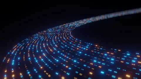 Glowing binary code in curved motion with blue and orange lights on dark Stock Footage 318236972