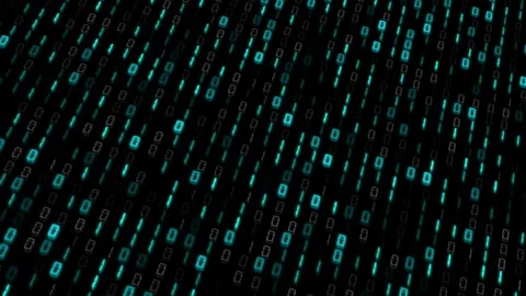 Glowing binary data stream visual cyan numeric columns, black background Stock Footage 340479475