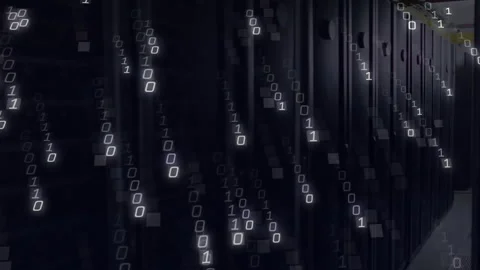 Glowing binary digit appearing sparking code stream falling over server racks Stock Footage 313509194