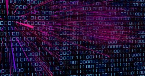 Glowing binary digits converging toward left in digital grid, with magenta and Stock Illustration