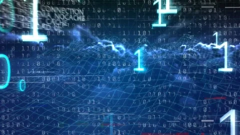 Glowing binary digits floating and surging across 3D mesh after energy pulse, Stock Footage 334729159