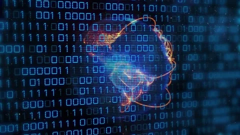 Glowing binary digits flowing behind 3D stylized earth globe orbiting golden Stock Footage 327592892