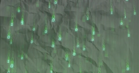 Glowing binary digits raining over dark crumpled paper, creating abstract Stock Footage 308602682