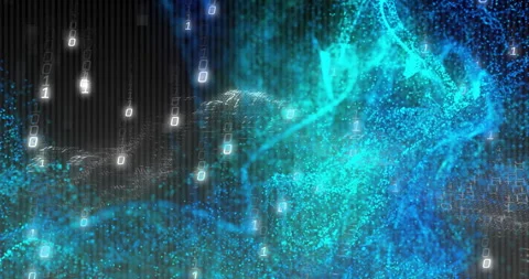 Glowing binary digits streaming over 3D turquoise particle cloud, showing Stock Footage 307462909