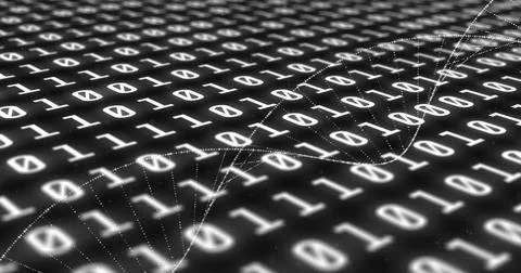 Glowing binary grid with 1s,0s receding on dark plane, tracing helix strands, Stock Illustration