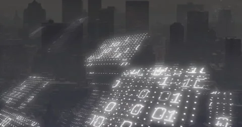 Glowing binary grid panel appearing above skyline, initiating cascading panels Stock Footage 314453524