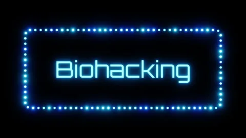 Glowing biohacking sign in flashing frame, 3D render. Biohacking background, Stock Footage 332176726