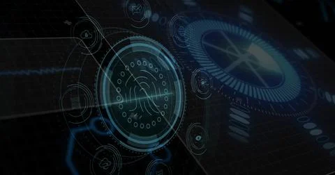 Glowing biometric fingerprint scanner projecting hologram over dark grid, Stock Illustration
