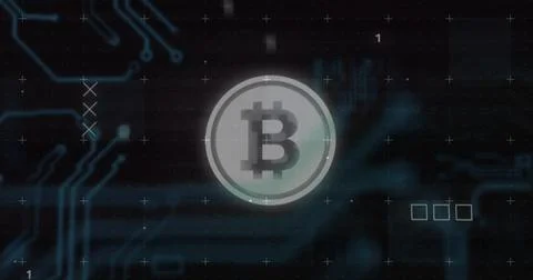 Glowing bitcoin logo flickering on interface, with circuit traces, glitch lines Stock Photos