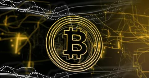 Glowing Bitcoin logo rotating inside gold rings in crypto network, with dotted Illustrazione stock