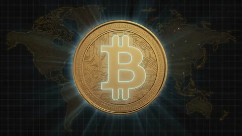 Glowing Bitcoin rotates over world map on background. Cryptocurrency and Stock Footage 170361061