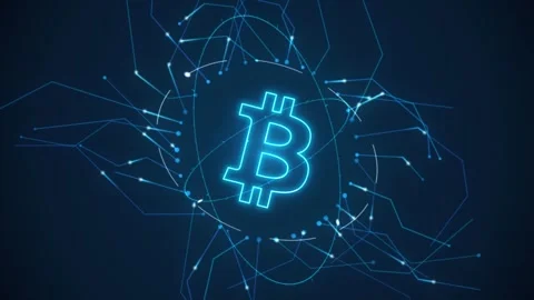 Glowing bitcoin symbol circuit board radiating copper traces gyroscope hud r Stock-Footage 343253879