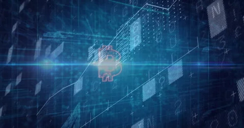 Glowing Bitcoin symbol forming 3D interface showing currency codes and floating Stock Footage 308677348