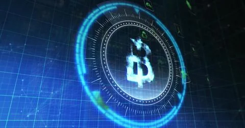 Glowing Bitcoin-like symbol hovering inside holographic HUD in virtual grid w Stock Illustration