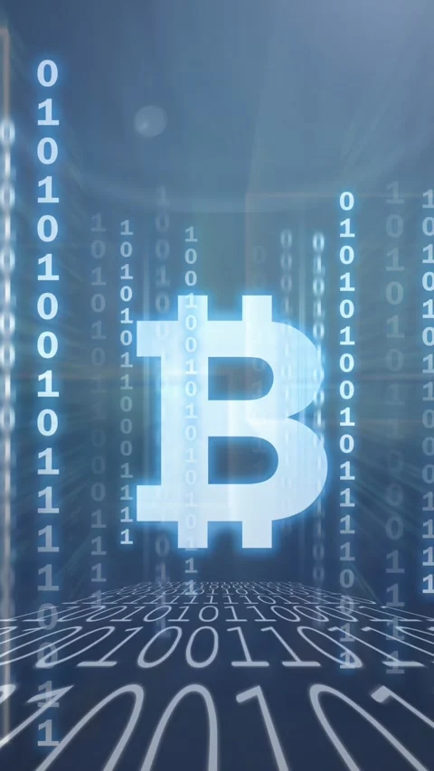Glowing bitcoin symbol over binary coding data processing. Stock Footage 323784155