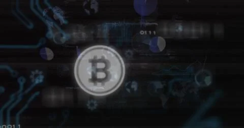 Glowing Bitcoin token hovering in dark blockchain dashboard with cyan circuits, Stock Photos