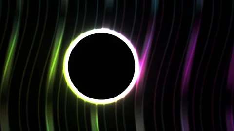 Glowing black circle with colorful light streaks on dark background. Stock Footage 335950032