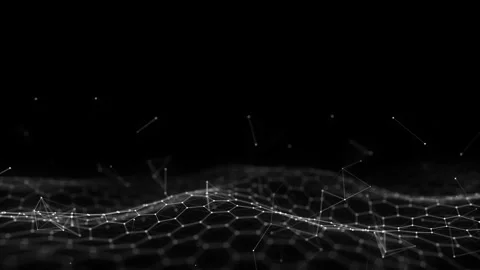 Glowing black hexagon wave with motion dots and lines. Abstract background. Stock Footage 318590128