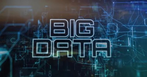 Glowing blocky BIG DATA lettering pulsing on analytics dashboard, with network Stock Illustration